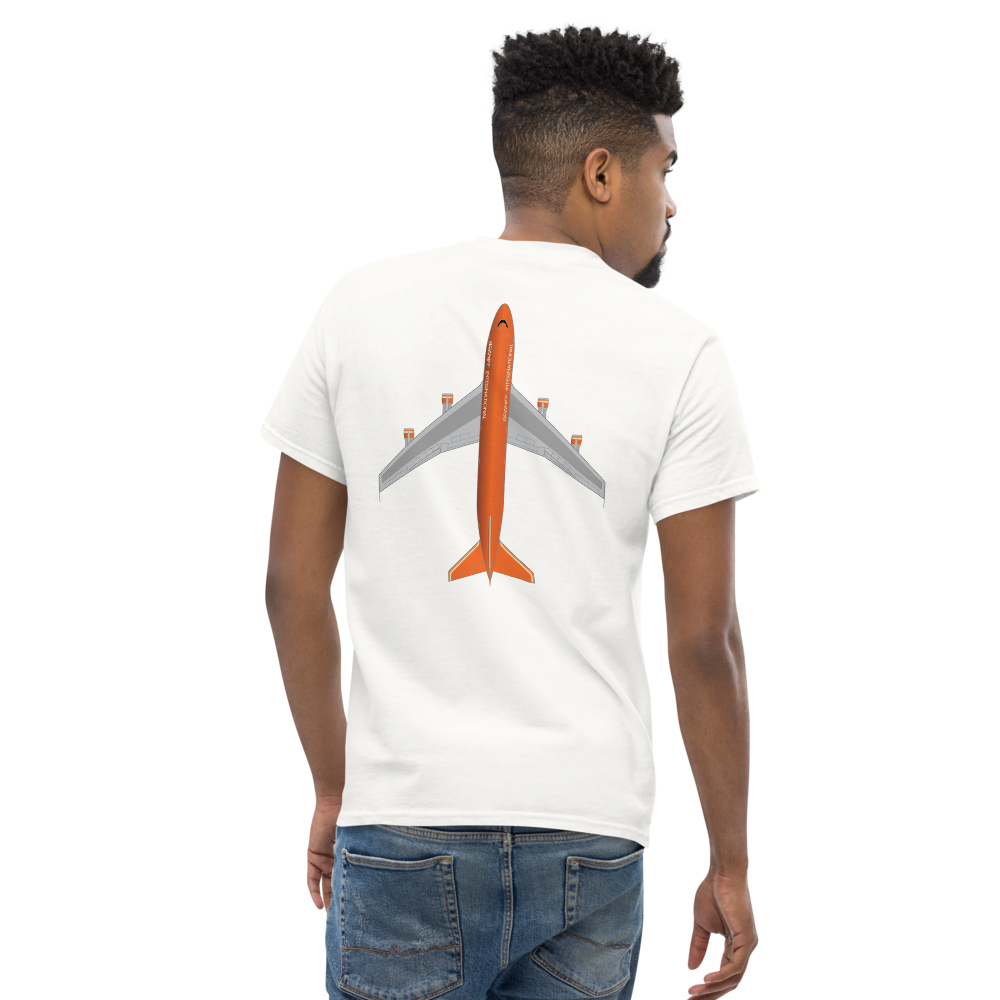 T-Shirt Shirt Short Sleeve by Gildan Men's Women's Braniff Boeing 747 Crew Logo with Jumbo Jet on Shirt Back