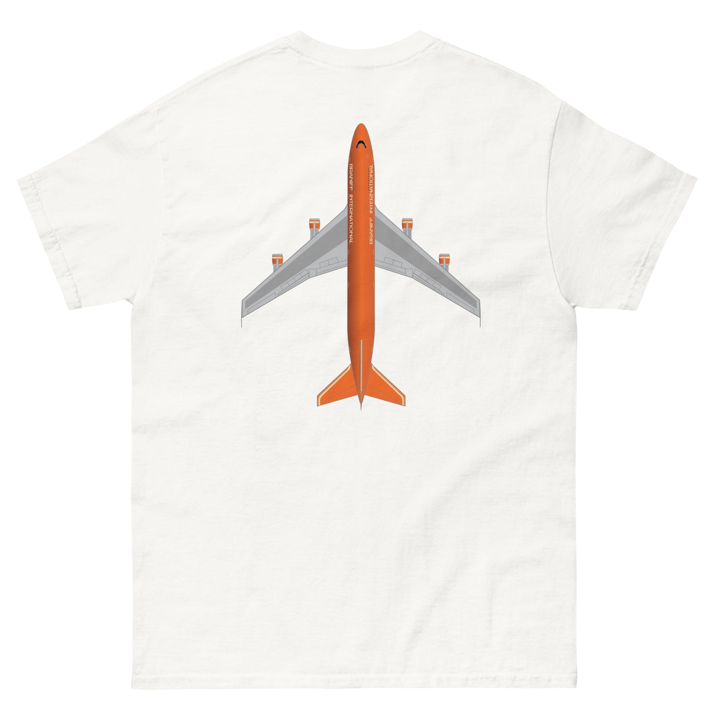 T-Shirt Shirt Short Sleeve by Gildan Men's Women's Braniff Boeing 747 Crew Logo with Jumbo Jet on Shirt Back