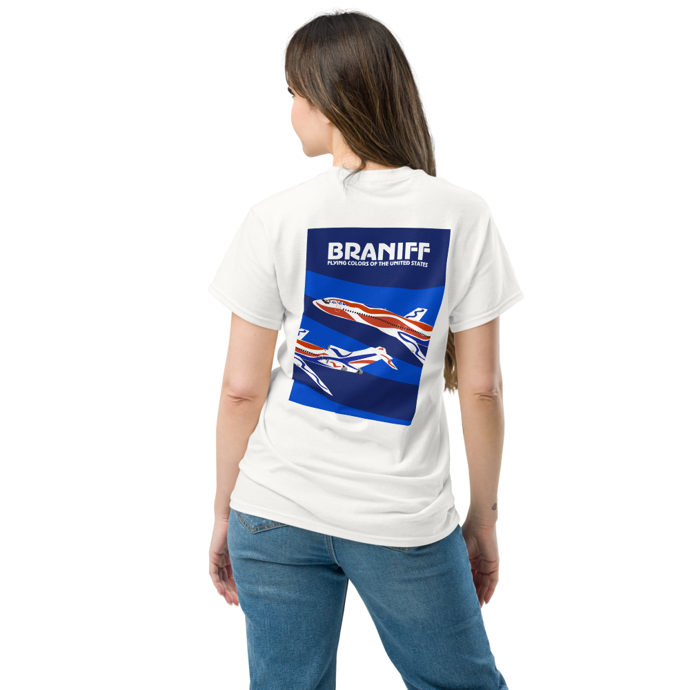 T-Shirt Shirt Short Sleeve by Gildan Braniff Flying Colors Boeing 727 Bicentennial Color Scheme on Shirt Back