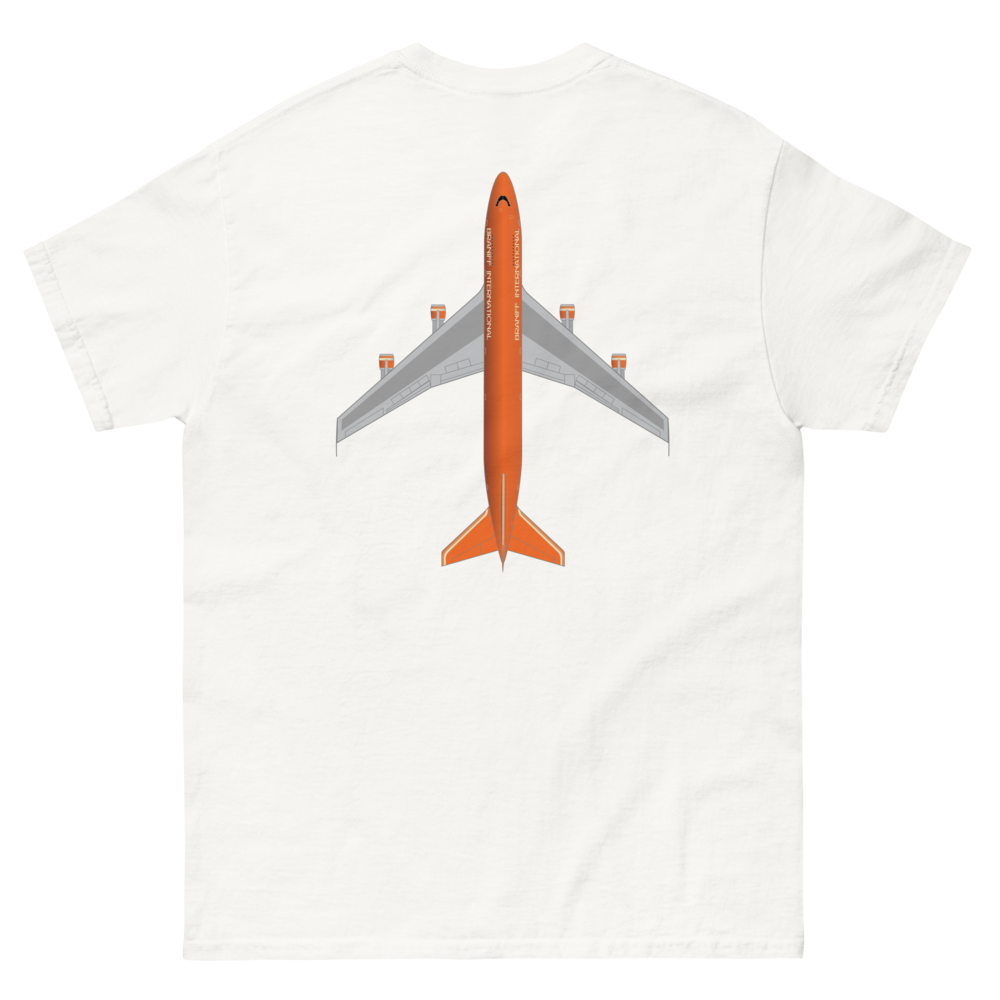 T-Shirt Shirt Short Sleeve by Gildan Men's Women's Braniff Boeing 747 Crew Logo with Jumbo Jet on Shirt Back
