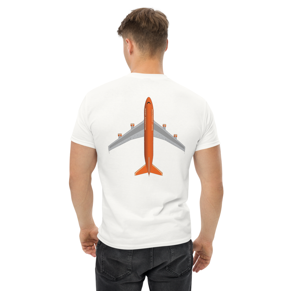 T-Shirt Shirt Short Sleeve by Gildan Men's Women's Braniff Boeing 747 Crew Logo with Jumbo Jet on Shirt Back