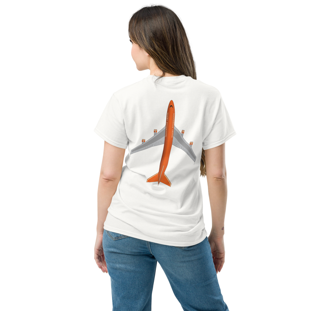 T-Shirt Shirt Short Sleeve by Gildan Men's Women's Braniff Boeing 747 Crew Logo with Jumbo Jet on Shirt Back