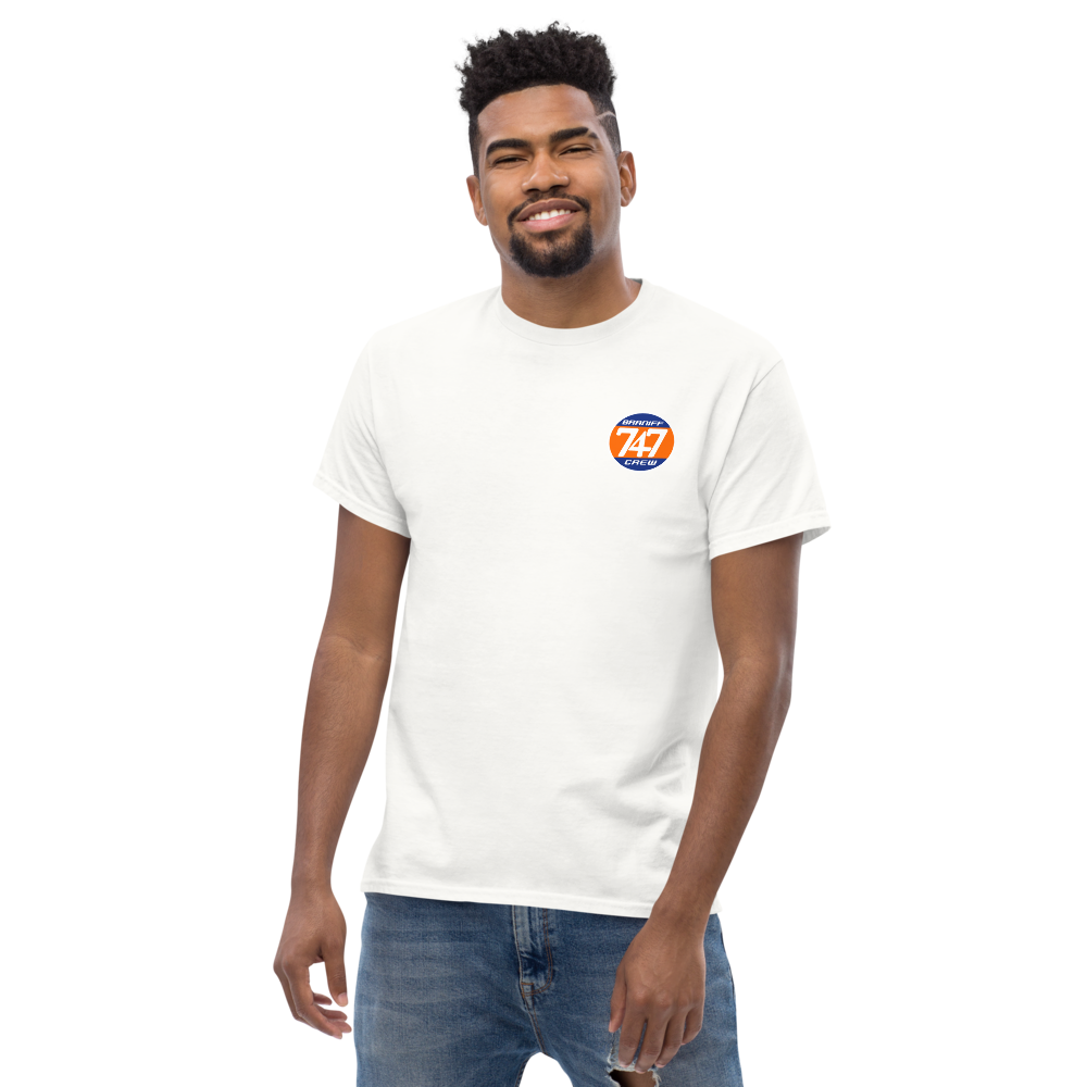T-Shirt Shirt Short Sleeve by Gildan Men's Women's Braniff Boeing 747 Crew Logo with Jumbo Jet on Shirt Back