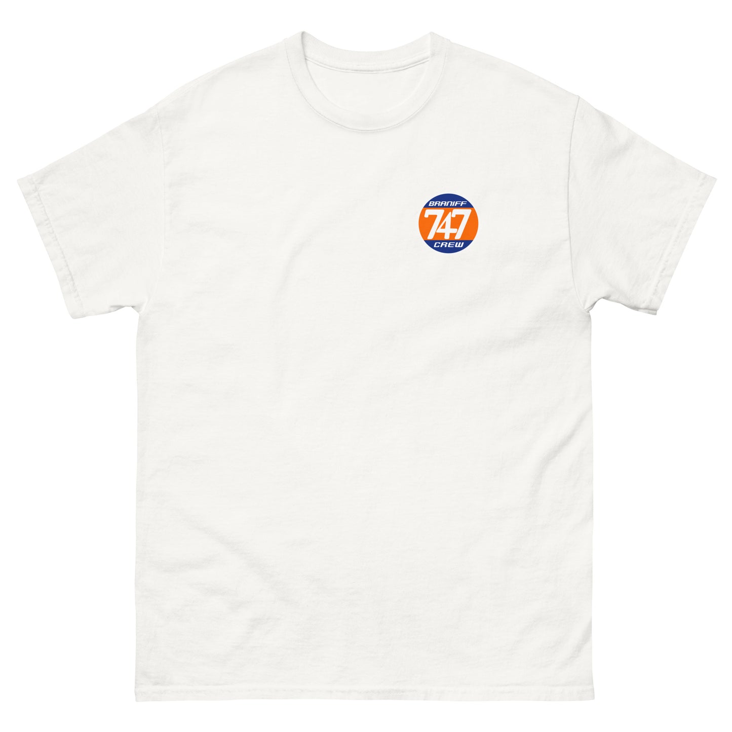T-Shirt Shirt Short Sleeve by Gildan Men's Women's Braniff Boeing 747 Crew Logo with Jumbo Jet on Shirt Back
