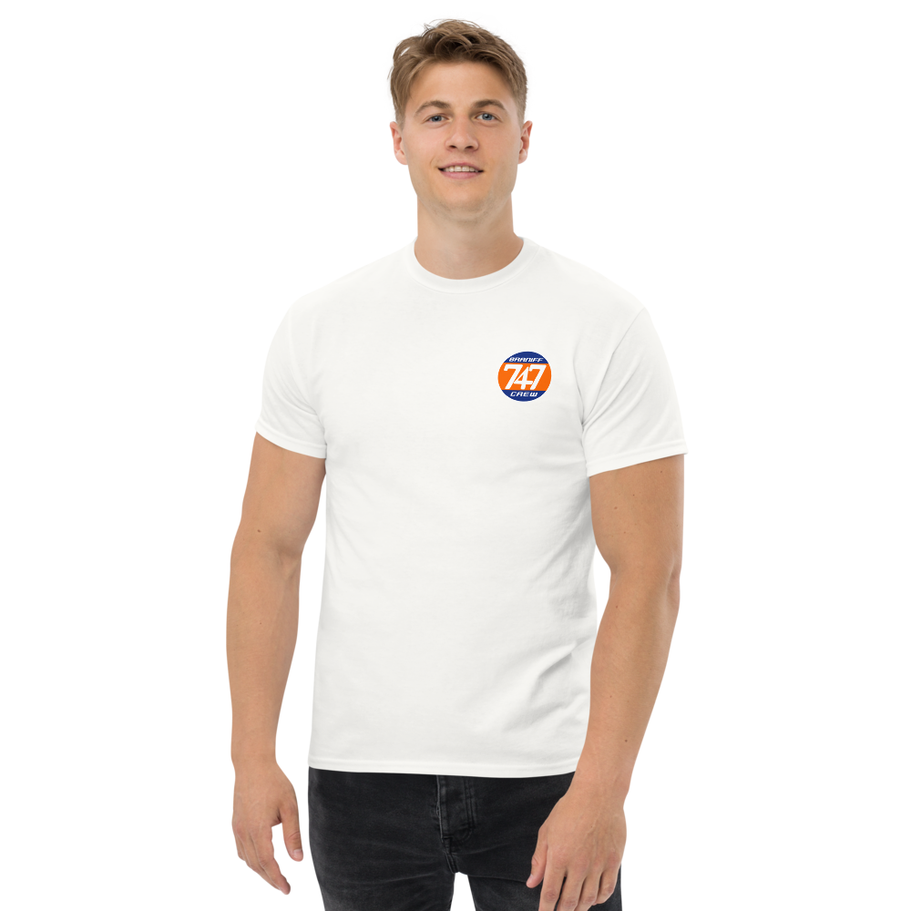 T-Shirt Shirt Short Sleeve by Gildan Men's Women's Braniff Boeing 747 Crew Logo with Jumbo Jet on Shirt Back