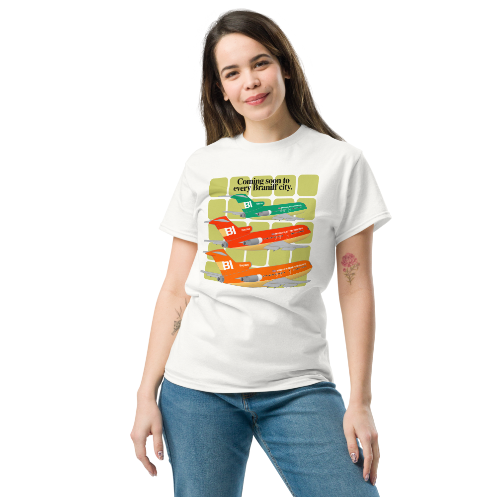T-Shirt Shirt Short Sleeve Gildan Men's Women's Braniff Boeing 727 Coming Soon