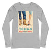 Braniff Travel Poster Long Sleeve Shirt with Texas Cowboy Boots 1963 - Unisex Long Sleeve Tee Athletic Heather Front – Braniff Boutique