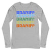 Braniff Two Tone Rainbow 1975 Long Sleeve Shirt - Men & Women Long Sleeve T-Short - Iconic Braniff Rainbow Shirt - Unisex 1975 Long Sleeve Fashion - Unisex Long Sleeve Tee Athletic Heather Front