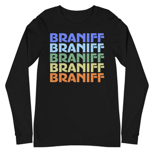 Braniff Two Tone Rainbow 1975 Long Sleeve Shirt - Men & Women Long Sleeve T-Short - Iconic Braniff Rainbow Shirt - Unisex 1975 Long Sleeve Fashion - Unisex Long Sleeve Tee Black Front