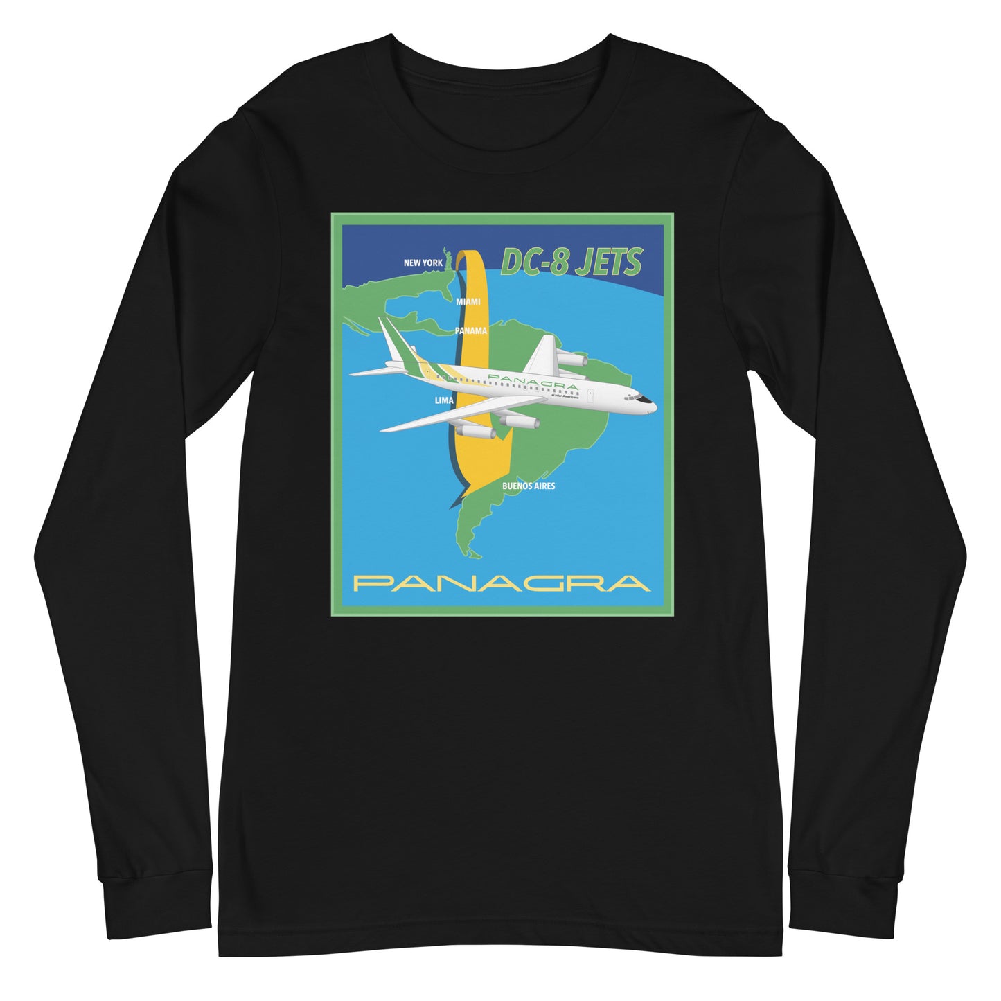 Long Sleeve Shirt Mens Womens Braniff Panagra DC-8-62 Jet Route Map 1967