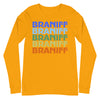 Braniff Two Tone Rainbow 1975 Long Sleeve Shirt - Men & Women Long Sleeve T-Short - Iconic Braniff Rainbow Shirt - Unisex 1975 Long Sleeve Fashion - Unisex Long Sleeve Tee Gold Front