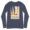 Braniff Travel Poster Long Sleeve Shirt with Texas Cowboy Boots 1963 - Unisex Long Sleeve Tee Heather Navy Front – Braniff Boutique