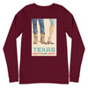 Braniff Travel Poster Long Sleeve Shirt with Texas Cowboy Boots 1963 - Unisex Long Sleeve Tee Maroon Front – Braniff Boutique