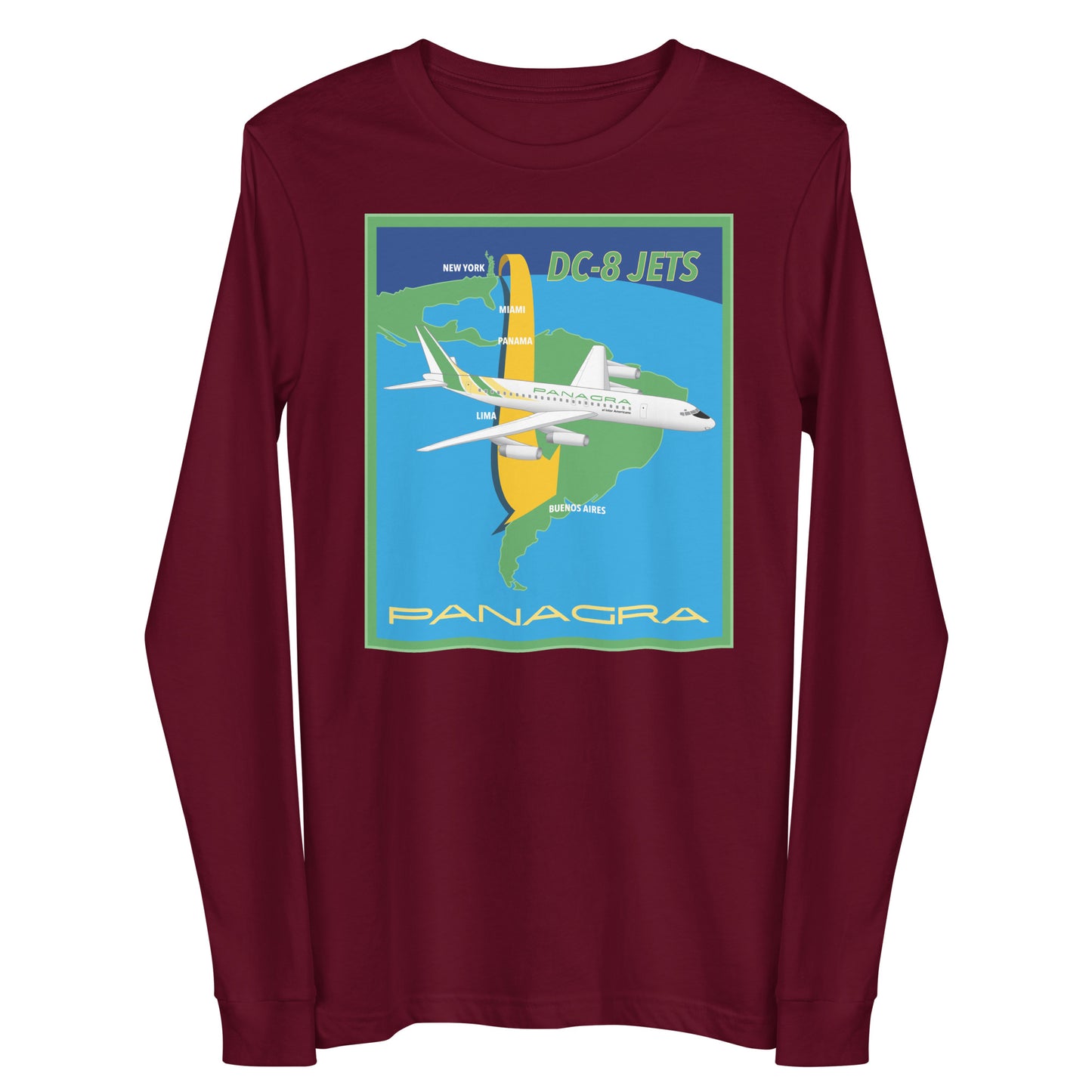 Long Sleeve Shirt Mens Womens Braniff Panagra DC-8-62 Jet Route Map 1967