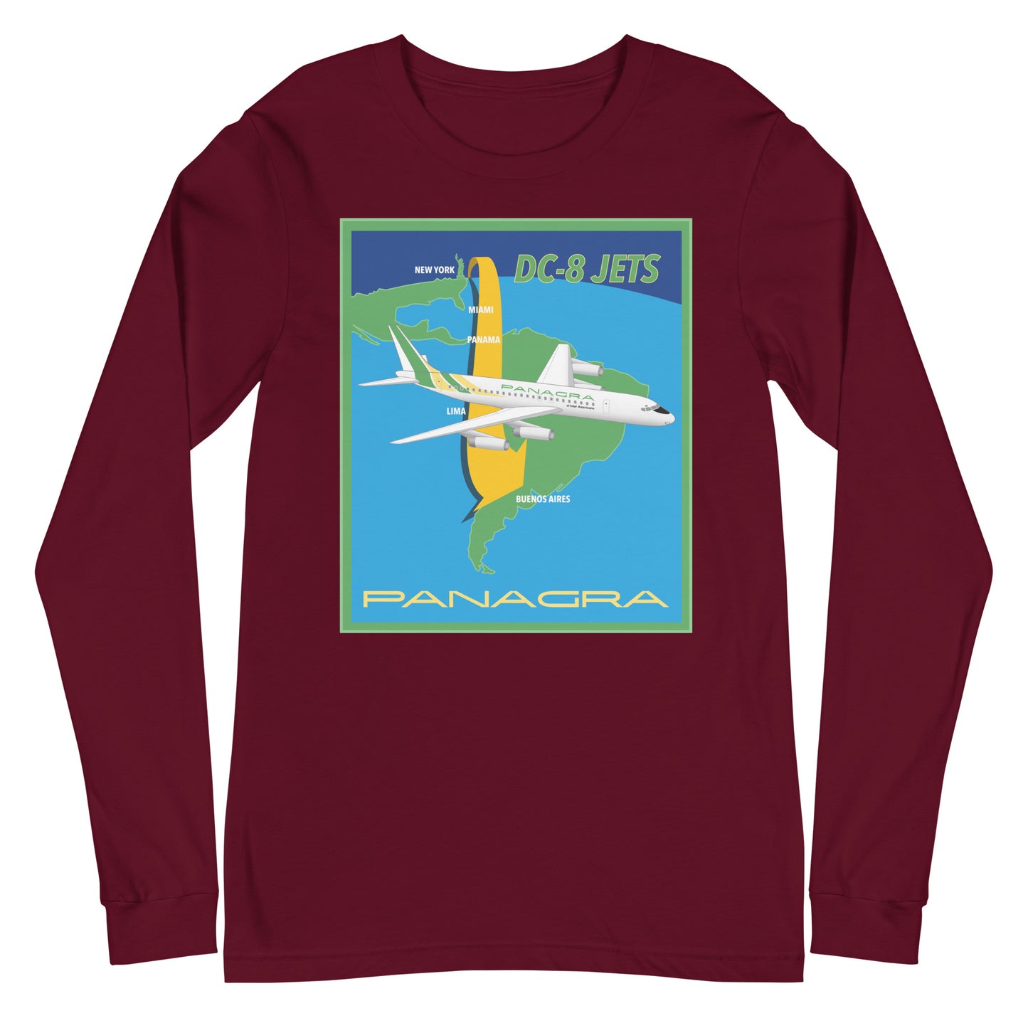 Long Sleeve Shirt Mens Womens Braniff Panagra DC-8-62 Jet Route Map 1967