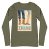 Braniff Travel Poster Long Sleeve Shirt with Texas Cowboy Boots 1963 - Unisex Long Sleeve Tee Military Green Front – Braniff Boutique
