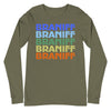 Braniff Two Tone Rainbow 1975 Long Sleeve Shirt - Men & Women Long Sleeve T-Short - Iconic Braniff Rainbow Shirt - Unisex 1975 Long Sleeve Fashion - Unisex Long Sleeve Tee Military Green Front