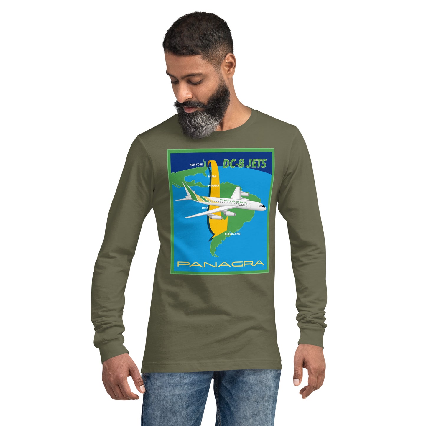 Long Sleeve Shirt Mens Womens Braniff Panagra DC-8-62 Jet Route Map 1967