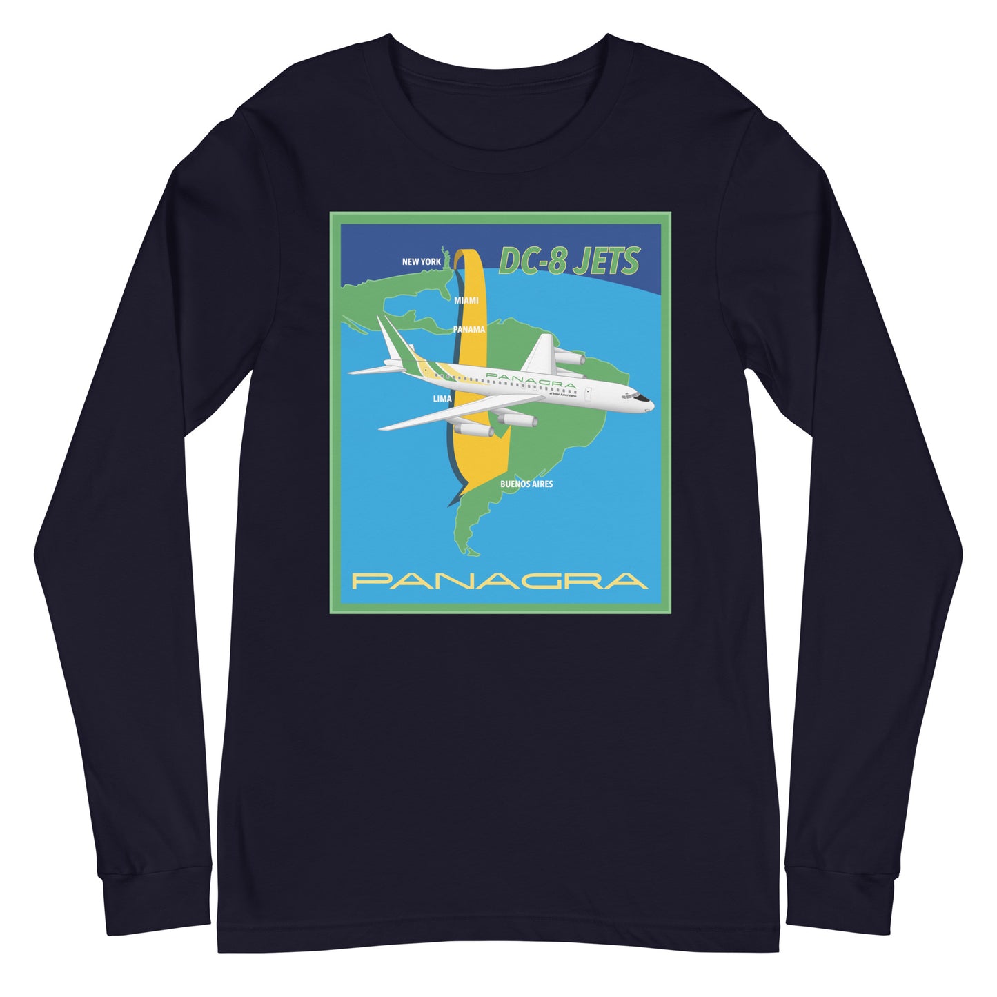 Long Sleeve Shirt Mens Womens Braniff Panagra DC-8-62 Jet Route Map 1967