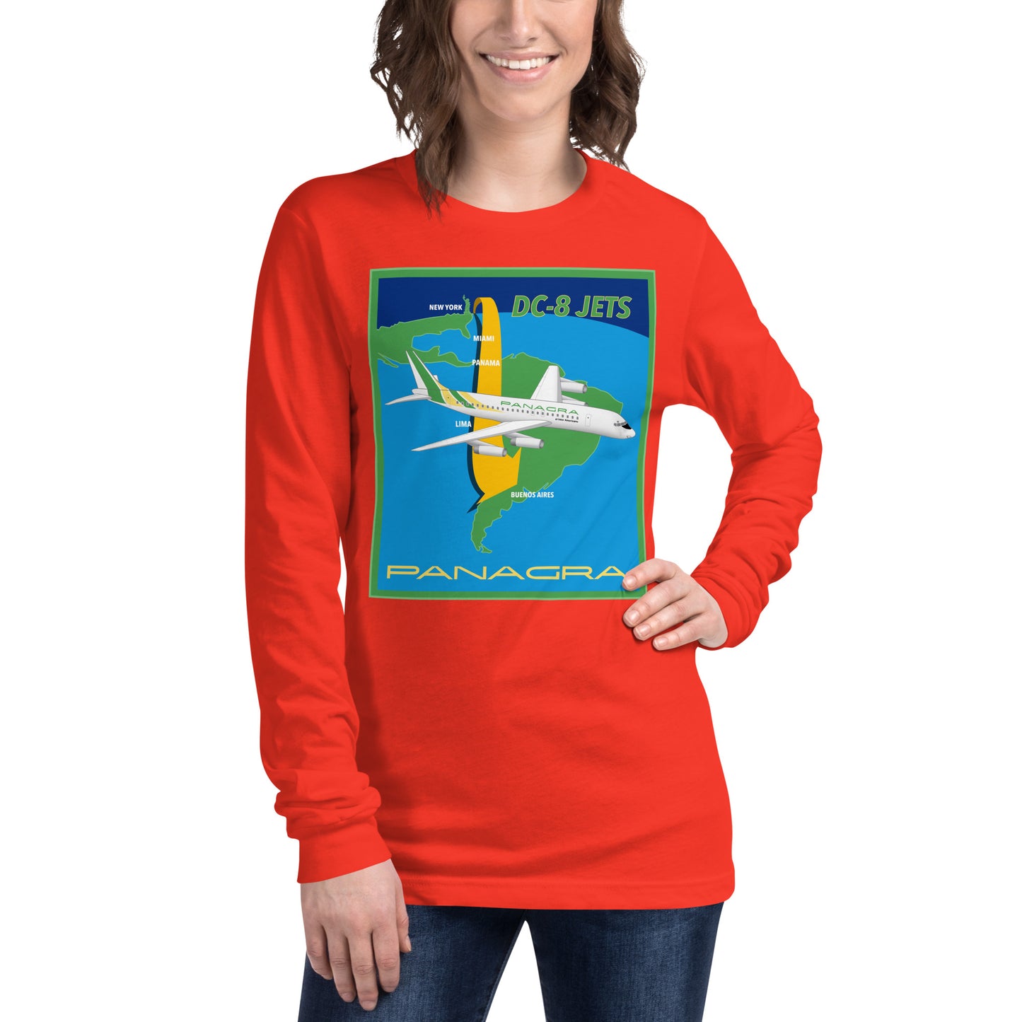 Long Sleeve Shirt Mens Womens Braniff Panagra DC-8-62 Jet Route Map 1967