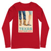 Braniff Travel Poster Long Sleeve Shirt with Texas Cowboy Boots 1963 - Unisex Long Sleeve Tee Red Front – Braniff Boutique