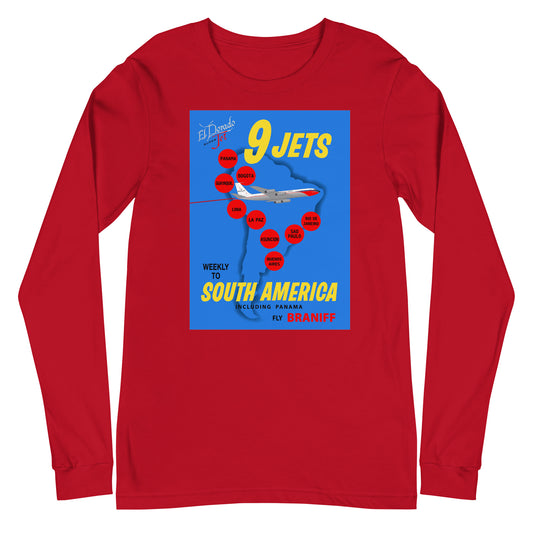 Long Sleeve Shirt Mens Womens Braniff 9 Jets to South America Boeing 707-227 1963