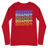 Braniff Two Tone Rainbow 1975 Long Sleeve Shirt - Men & Women Long Sleeve T-Short - Iconic Braniff Rainbow Shirt - Unisex 1975 Long Sleeve Fashion - Unisex Long Sleeve Tee Red Front