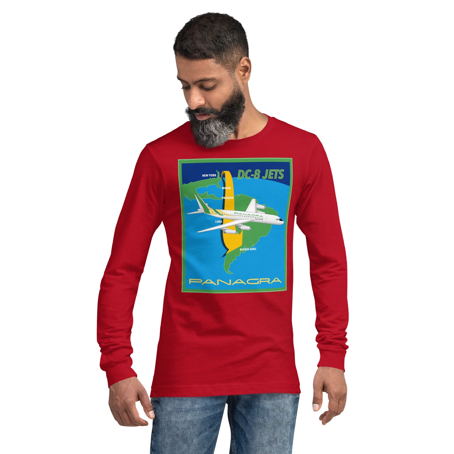 Long Sleeve Shirt Mens Womens Braniff Panagra DC-8-62 Jet Route Map 1967