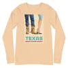 Braniff Travel Poster Long Sleeve Shirt with Texas Cowboy Boots 1963 - Unisex Long Sleeve Tee Sand Dune Front – Braniff Boutique