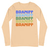 Braniff Two Tone Rainbow 1975 Long Sleeve Shirt - Men & Women Long Sleeve T-Short - Iconic Braniff Rainbow Shirt - Unisex 1975 Long Sleeve Fashion - Unisex Long Sleeve Tee Sand Dune Front