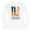 Braniff Travel Poster Long Sleeve Shirt with Texas Cowboy Boots 1963 - Unisex Long Sleeve Tee White Front – Braniff Boutique