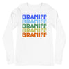 Braniff Two Tone Rainbow 1975 Long Sleeve Shirt - Men & Women Long Sleeve T-Short - Iconic Braniff Rainbow Shirt - Unisex 1975 Long Sleeve Fashion - Unisex Long Sleeve Tee White Front