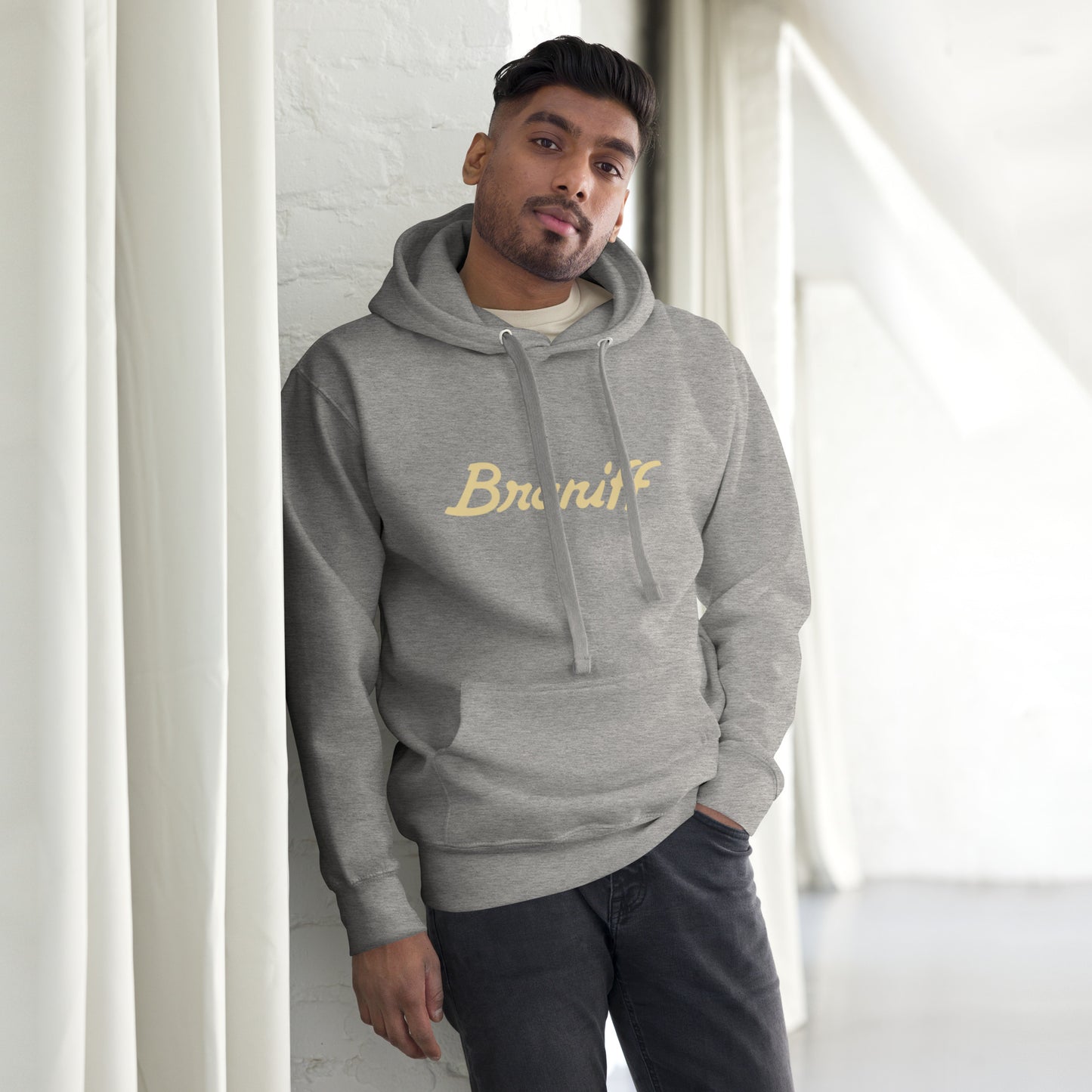 Unisex Premium Hoodie Carbon Grey Front - Braniff Ultra Cream Beige 1978 Hoodie Sweatshirt Long Sleeve – Full Sleeve Hoodie - Braniff Boutique
