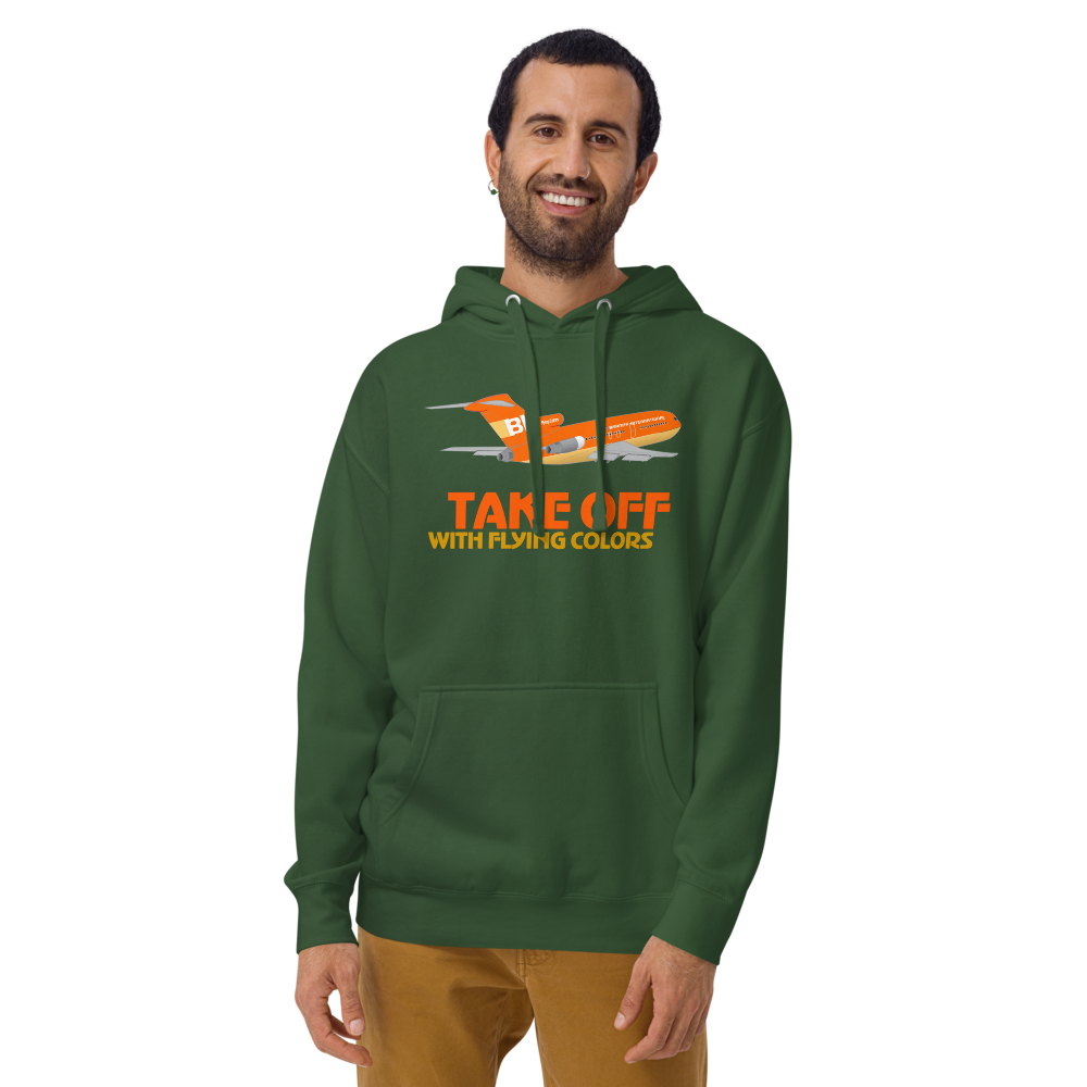 Hoodie Cotton Sweatshirt Men's Women's Braniff Boeing 727 Takeoff with Flying Colors 1971