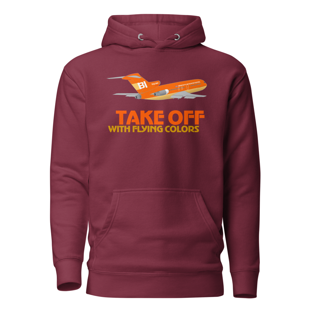Hoodie Cotton Sweatshirt Men's Women's Braniff Boeing 727 Takeoff with Flying Colors 1971