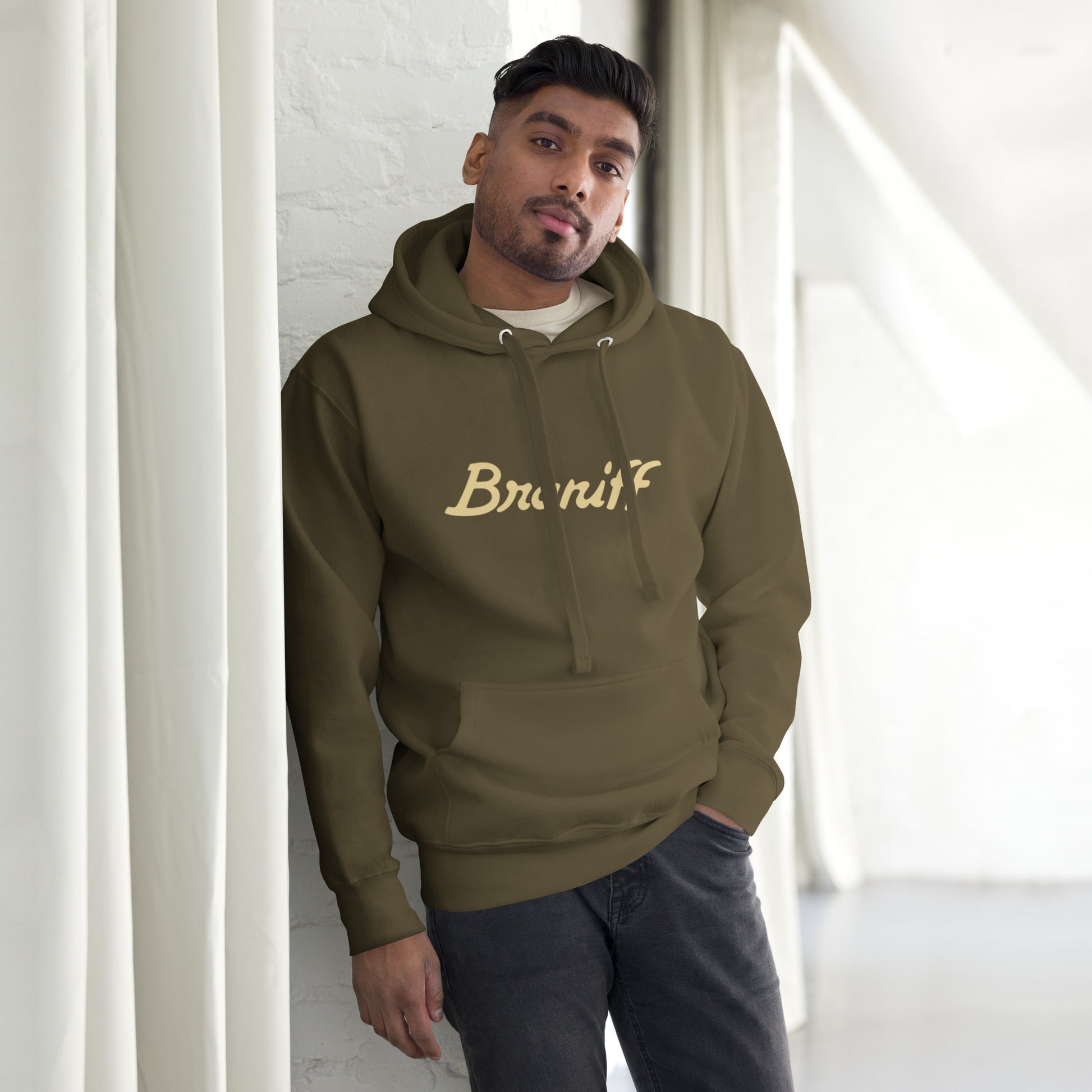 Unisex Premium Hoodie Military Green Front - Braniff Ultra Cream Beige 1978 Hoodie Sweatshirt Long Sleeve – Full Sleeve Hoodie - Braniff Boutique