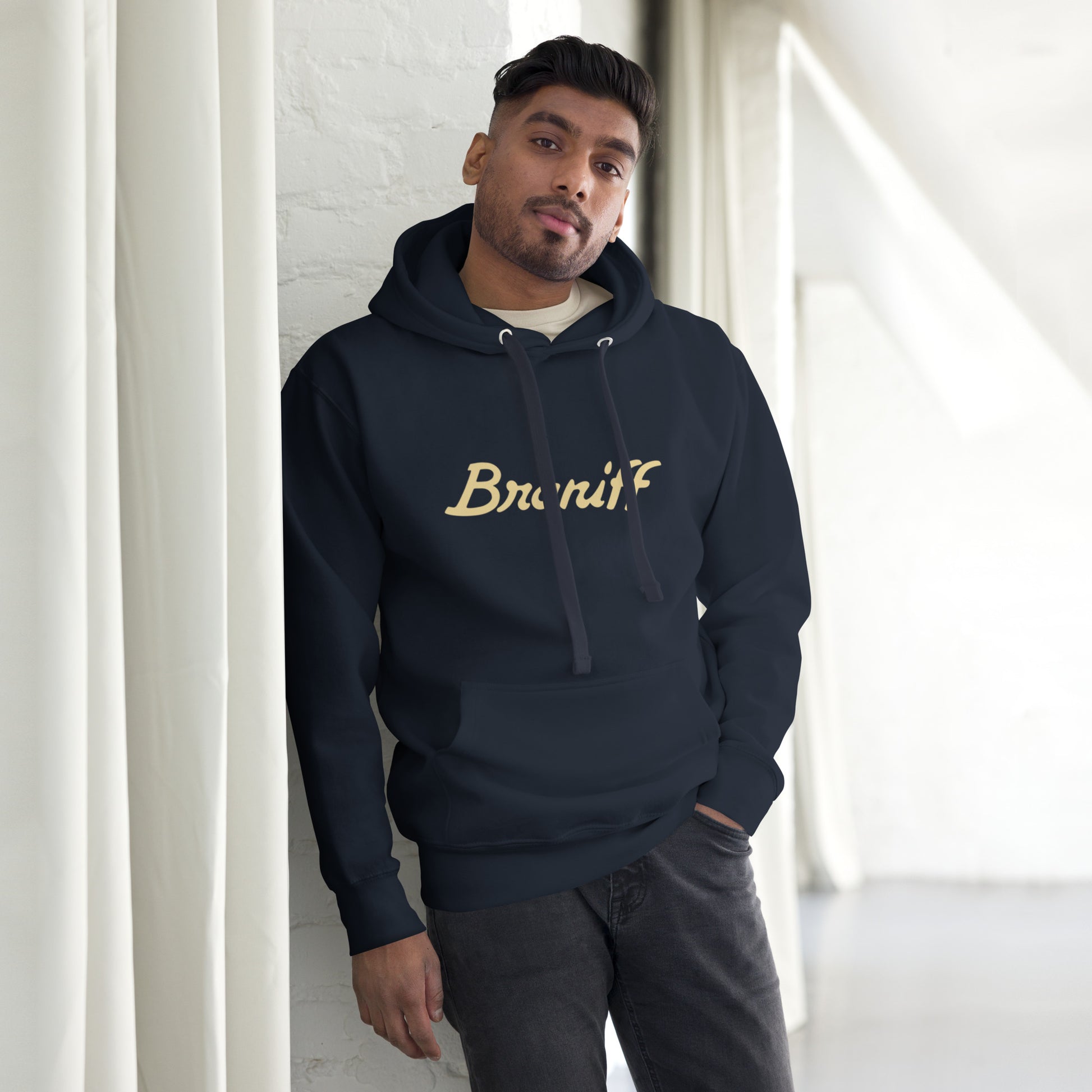 Unisex Premium Hoodie Navy Blazer Front - Braniff Ultra Cream Beige 1978 Hoodie Sweatshirt Long Sleeve – Full Sleeve Hoodie - Braniff Boutique