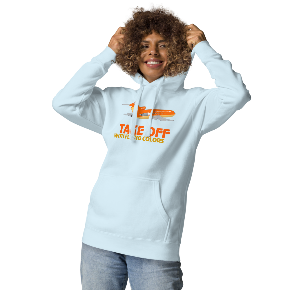 Hoodie Cotton Sweatshirt Men's Women's Braniff Boeing 727 Takeoff with Flying Colors 1971