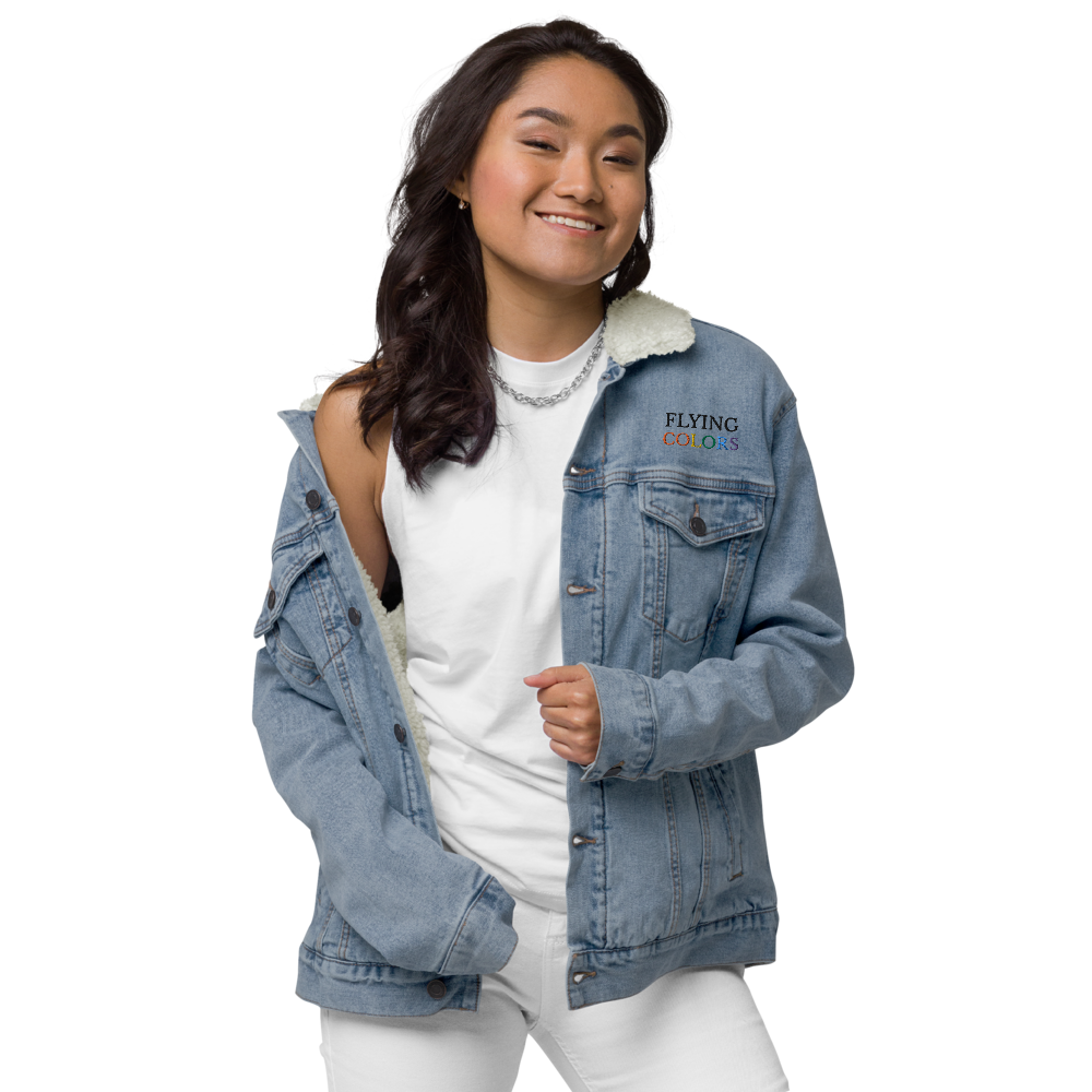 Jacket Denim Sherpa Men's Women's Braniff Flying Colors South America Embroidery