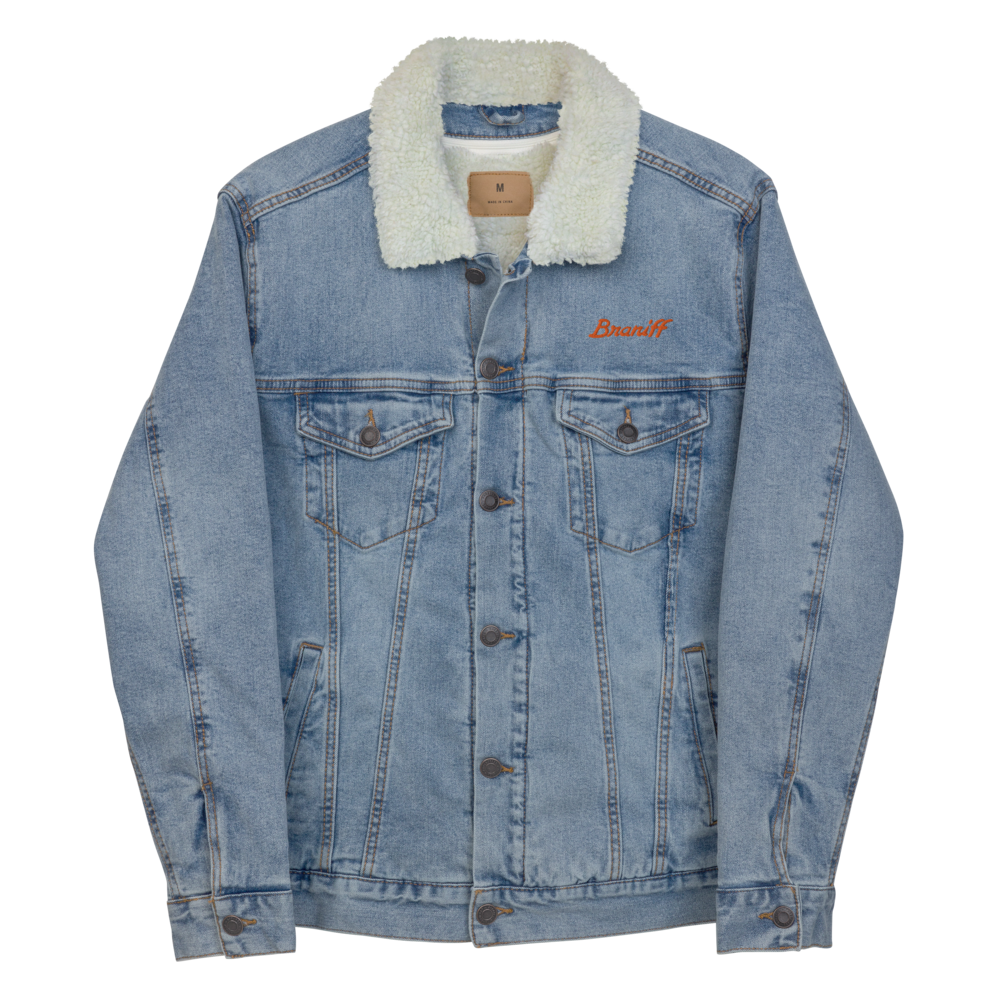 Jacket Denim Sherpa Men's Women's Braniff Ultra Logo 1978 Embroidery