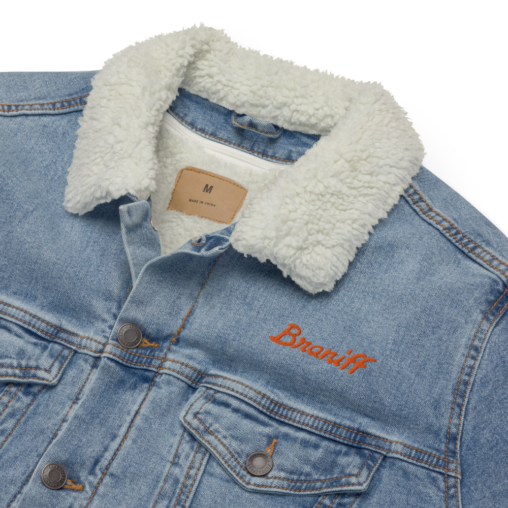 Jacket Denim Sherpa Men's Women's Braniff Ultra Logo 1978 Embroidery
