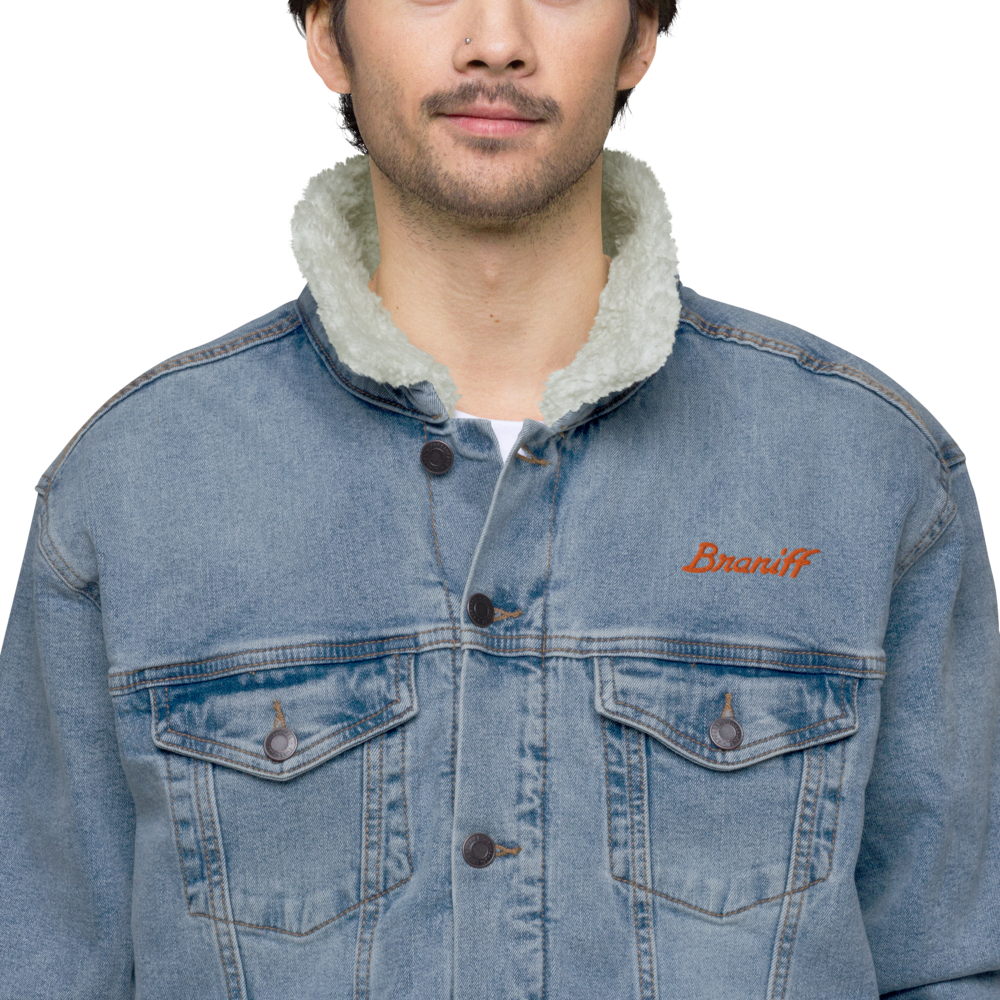 Jacket Denim Sherpa Men's Women's Braniff Ultra Logo 1978 Embroidery