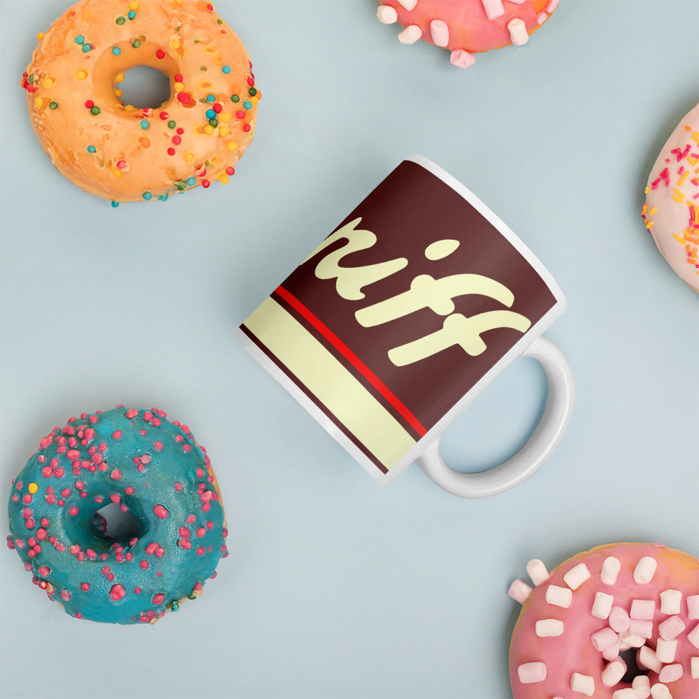 Braniff Halston Design Coffee Mug - 11 oz Chocolate Brown with Power Paint Stripes 1978 - 11 oz Coffee Mug - Chocolate Brown Mug - White Glossy Mug White 11oz