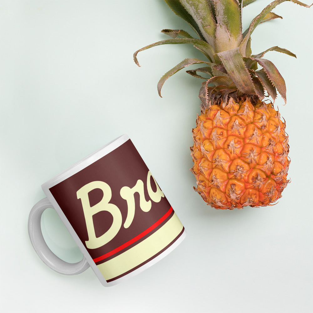 Braniff Halston Design Coffee Mug - 11 oz Chocolate Brown with Power Paint Stripes 1978 - 11 oz Coffee Mug - Chocolate Brown Mug - White Glossy Mug White 11oz