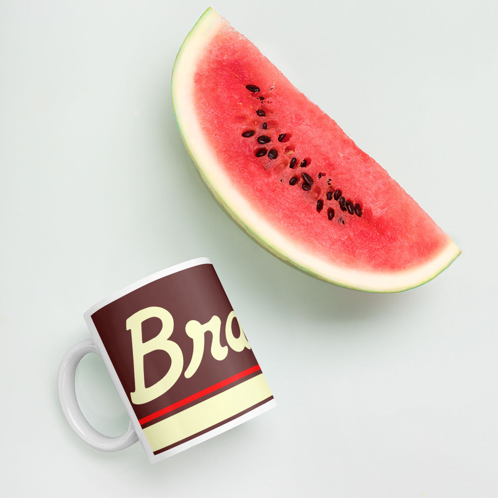 Braniff Halston Design Coffee Mug - 11 oz Chocolate Brown with Power Paint Stripes 1978 - 11 oz Coffee Mug - Chocolate Brown Mug - White Glossy Mug White 11oz