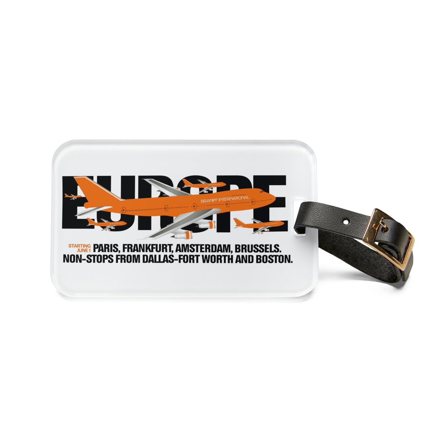 Luggage Tag Personalized Braniff 747-227 Ultra Orange Europe Service