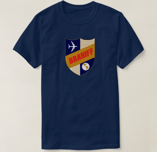 T-Shirt Short Sleeve Dark Blue Braniff Boeing 707 El Dorado Crest Medallion 1959