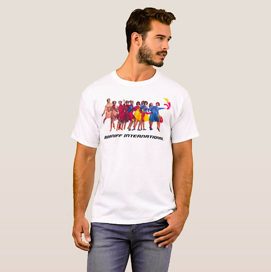 International Air Strip Men White T-Shirt - Braniff Pucci Gemini IV T-Shirts - BI Air Strip I with BI Logo Short Sleeve Men T-Shirt on Model - Braniff Boutique