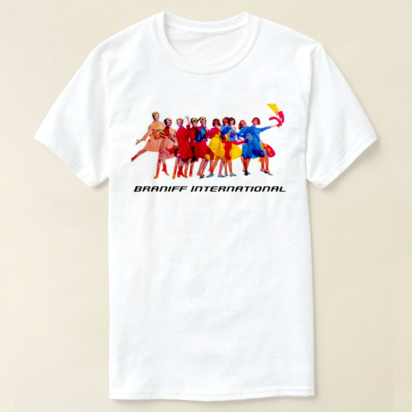 International Air Strip Men White T-Shirt - Braniff Pucci Gemini IV T-Shirts - BI Air Strip I with BI Logo Short Sleeve Men T-Shirt Front - Braniff Boutique