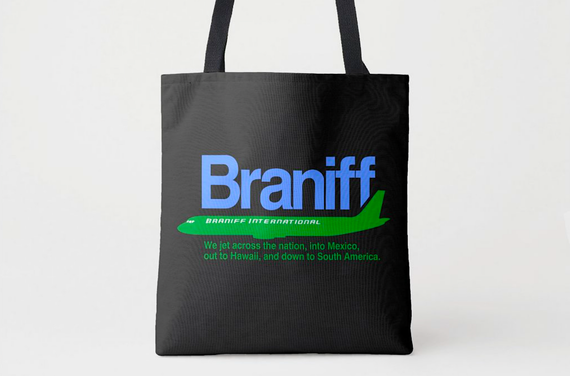 Braniff Tote Bag - DC-8 Blue and Green on Black Tote Bag - Braniff Logo All Over Print - Braniff Boutique